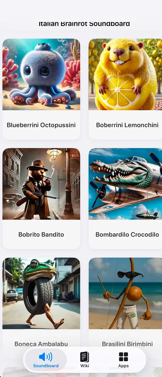 Italian Brainrot Sounds soundboard screen with picture tiles for each character