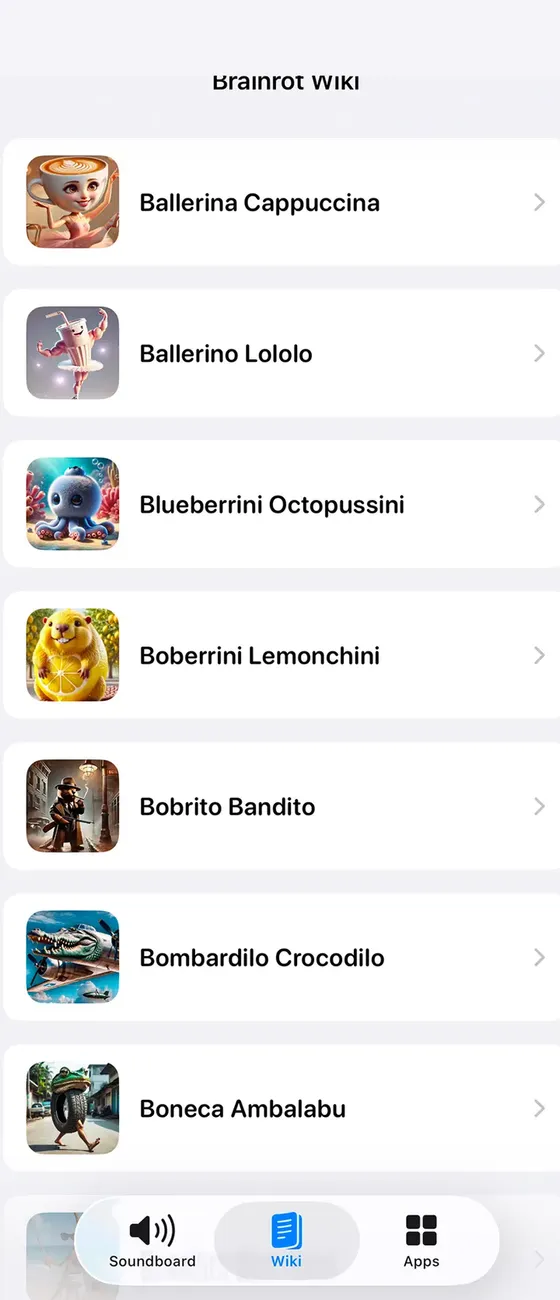 Italian Brainrot Sounds wiki screen listing characters alphabetically