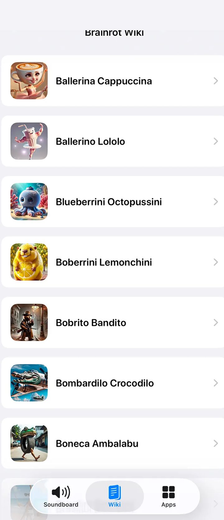 Italian Brainrot Sounds wiki screen listing characters