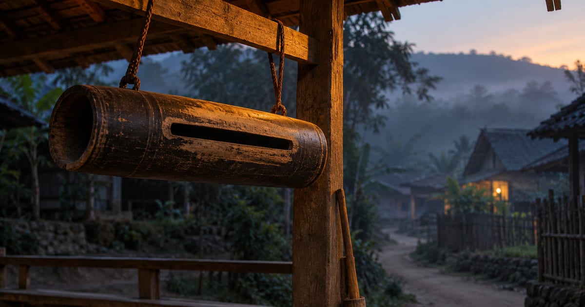 A wooden slit drum hanging in an open village shelter at dawn, with mist still in the trees behind it